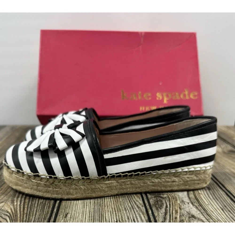 Kate Spade NY LINDS Striped Leather Bow Espadrille Flats Black White Sz 8 1/2